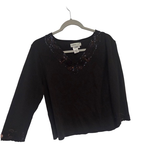 Coldwater Creek Sweaters - Coldwater Creek Brown Beaded V-Neck Cotton Knit Top 3/4 Sleeve‎ Womens Large